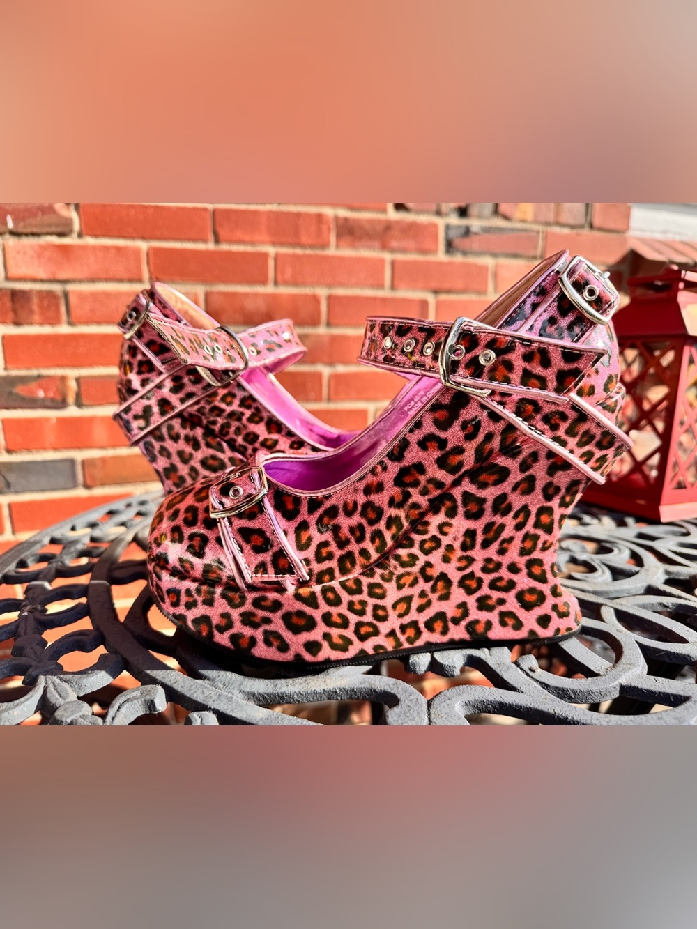 Demonia Pink Leopard Print Wedge Mary Jane Heels